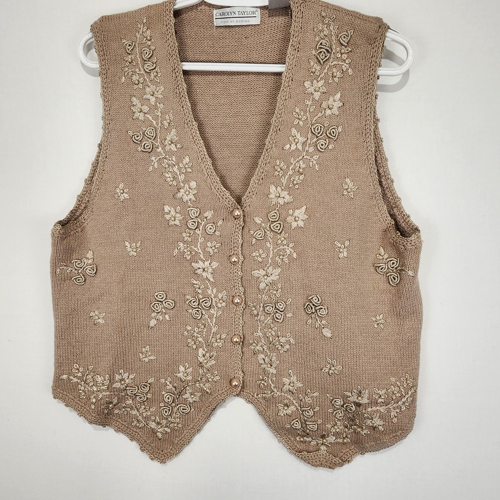 Carolyn Taylor Women's VTG Cozy Knit Embroidered‎ Beaded Vest Tan Size M